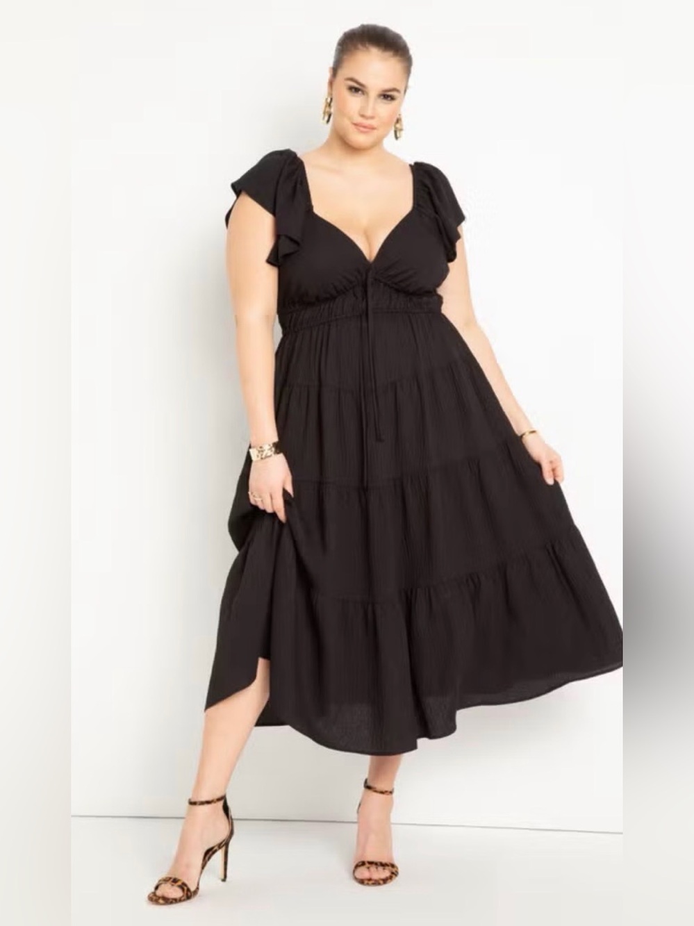 Eloquii Black Tiered Midi Dress with Flutter Sleeves